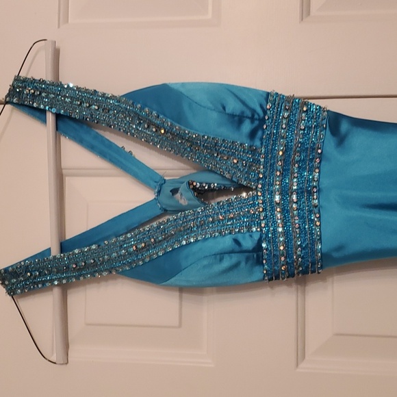 Gigi teal satin bead and rhinestone embellished formal dress - Picture 2 of 5